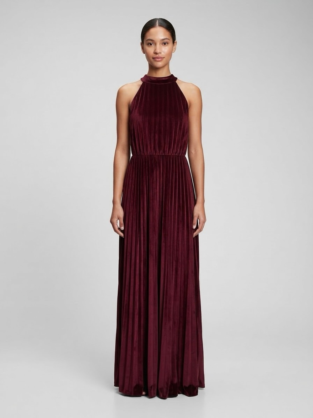 ASOS Burgundy Velvet High-Neck Pleated Maxi Dress Size 12
